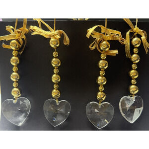 Vtg Lot of 4 Heart Plastic Acrylic Faceted Ornaments Gold Bead Suncatcher As Is